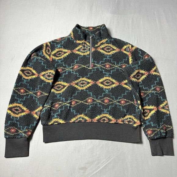 Rock Roll Denim Sweater Women Large Aztec Southwest Sherpa Fleece 1/4 Zip Mock - Picture 1 of 10